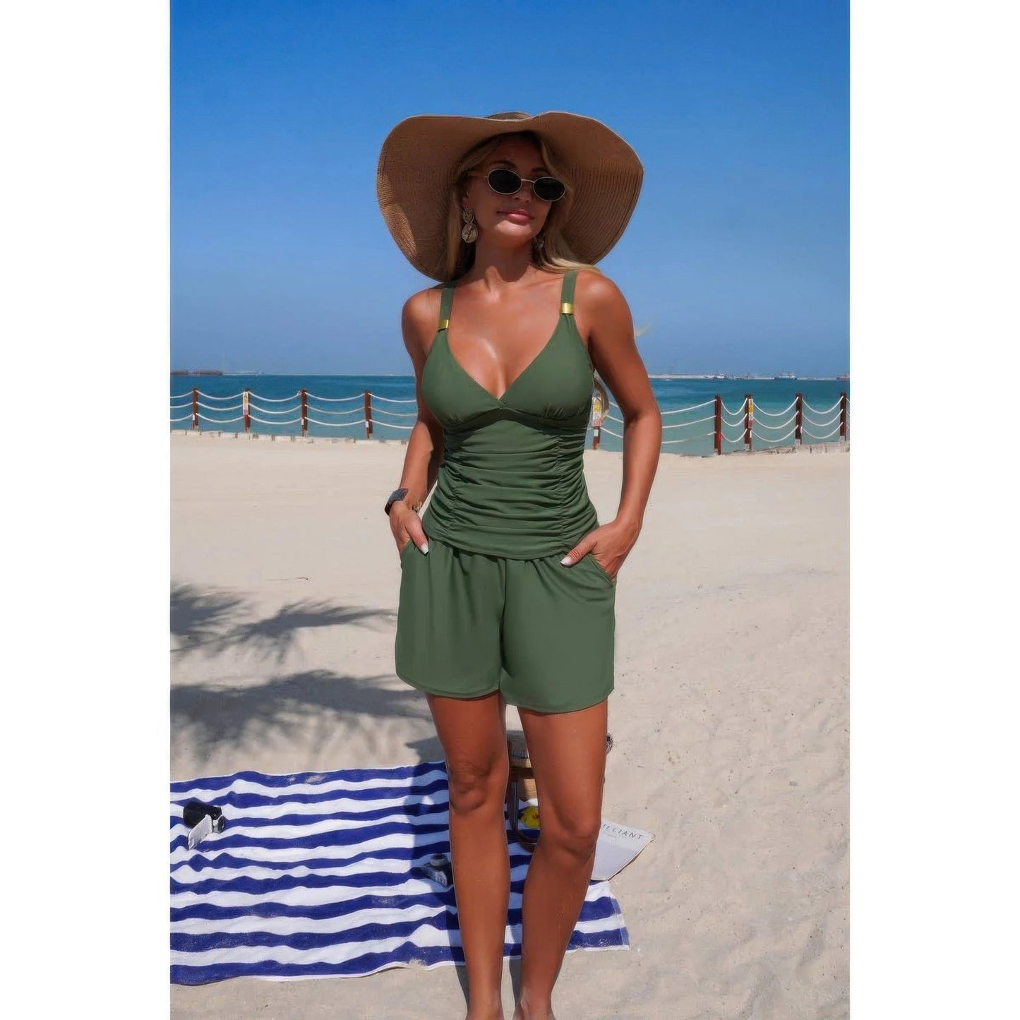 Two-Piece Ruched V-Neck Tankini Swimsuit