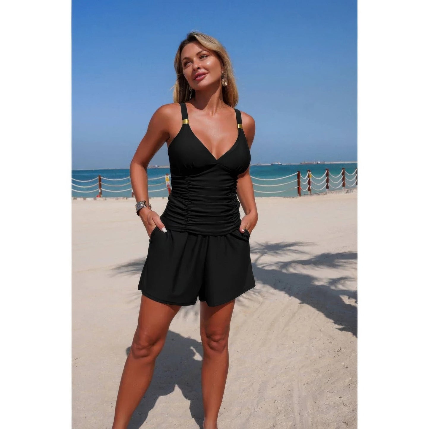 Two-Piece Ruched V-Neck Tankini Swimsuit