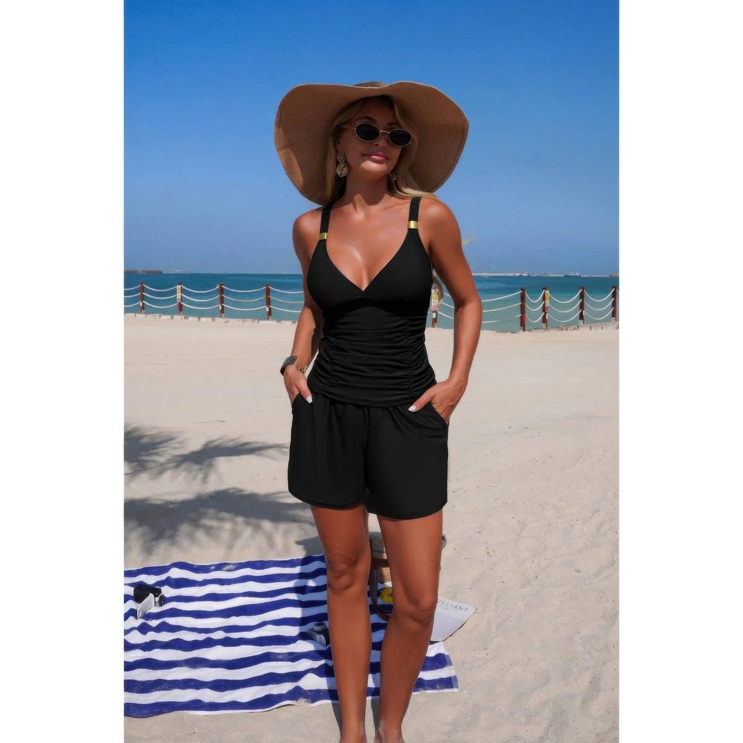 Two-Piece Ruched V-Neck Tankini Swimsuit