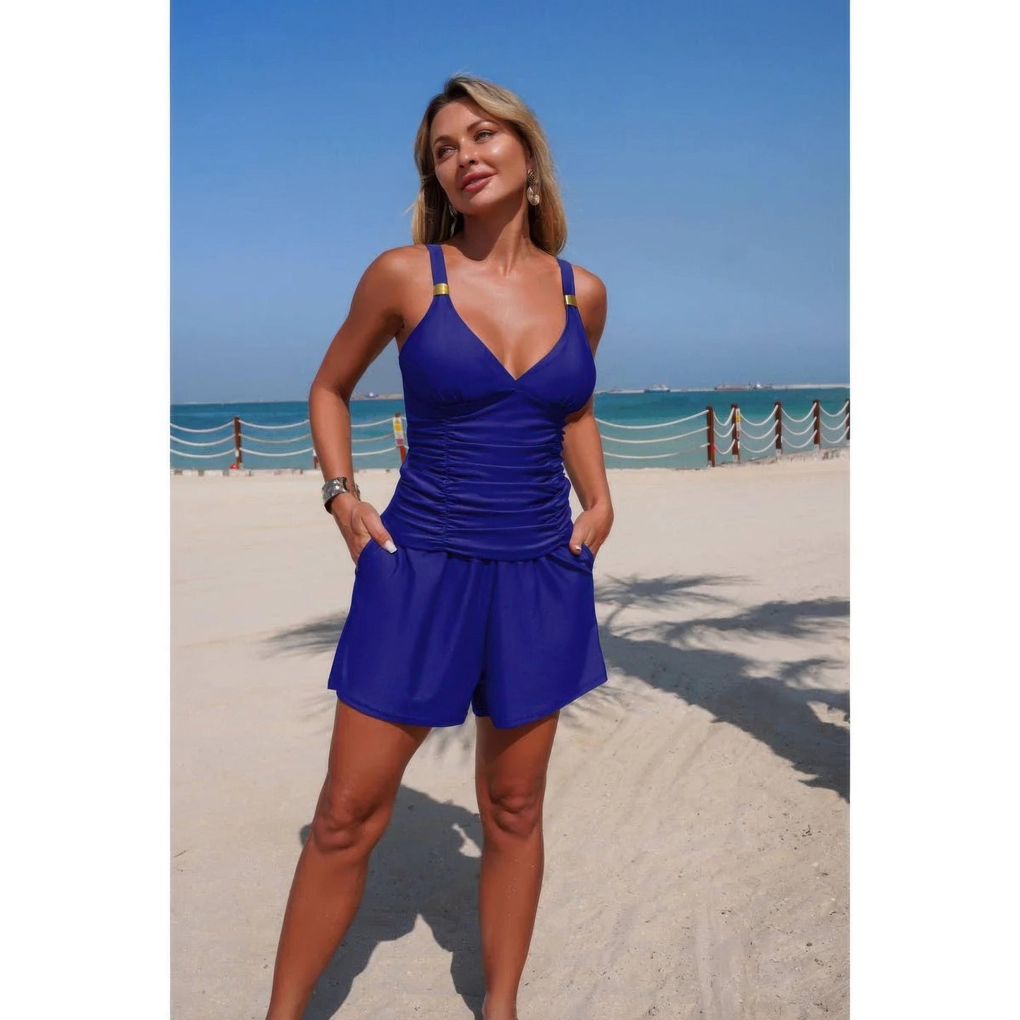 Two-Piece Ruched V-Neck Tankini Swimsuit