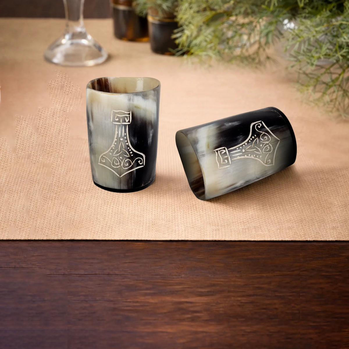 Whiskey Shot Cups Set Nordic Hammer Pattern Real Ox Horn 6.5 oz, Pack 4, 8 & 12