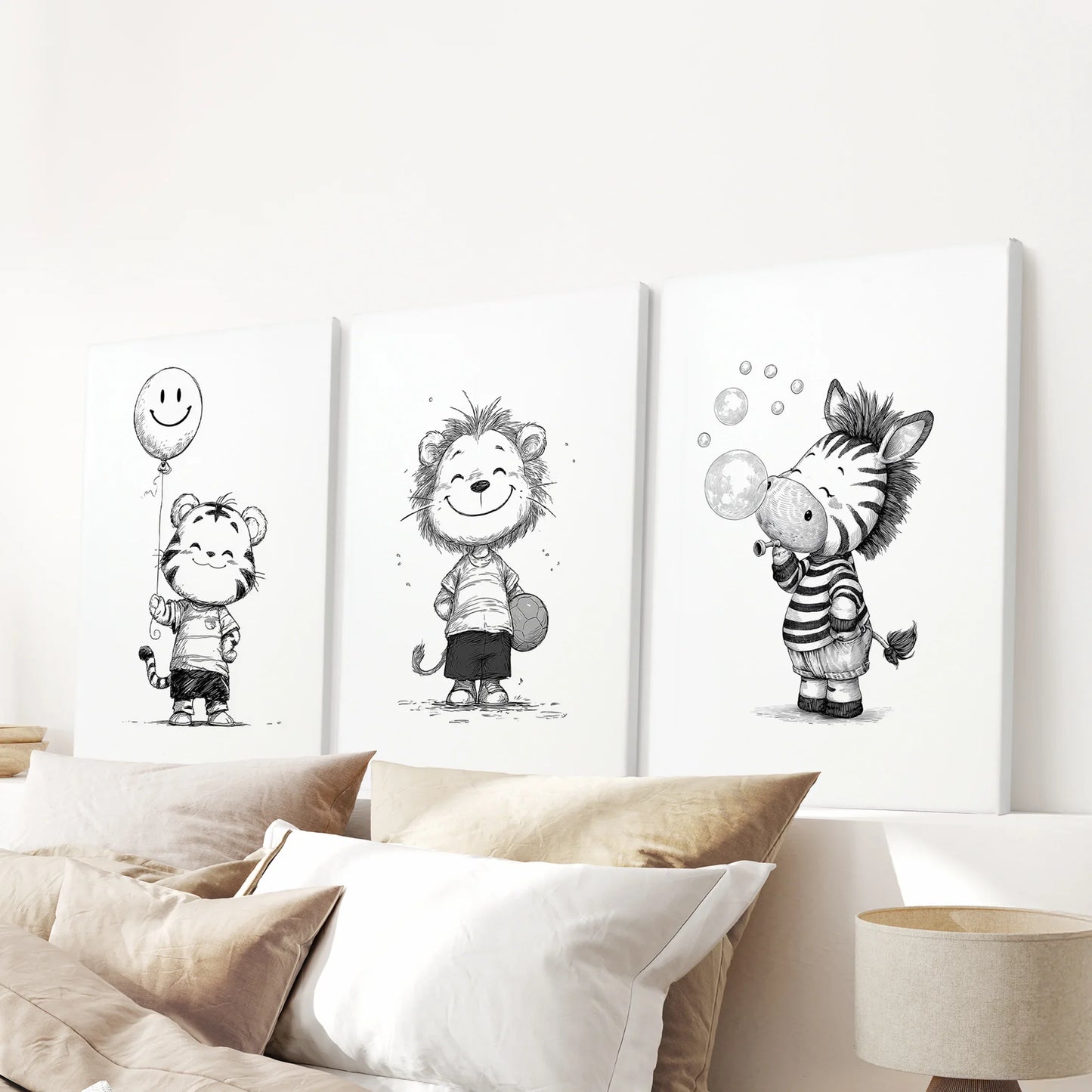 Black White Gender-Neutral Nursery Art Set. Lion Tiger Zebra