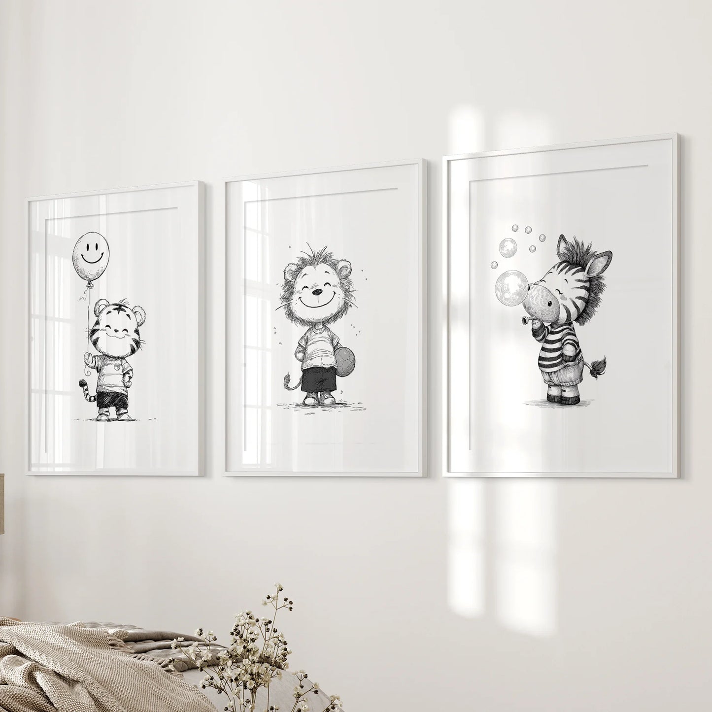 Black White Gender-Neutral Nursery Art Set. Lion Tiger Zebra