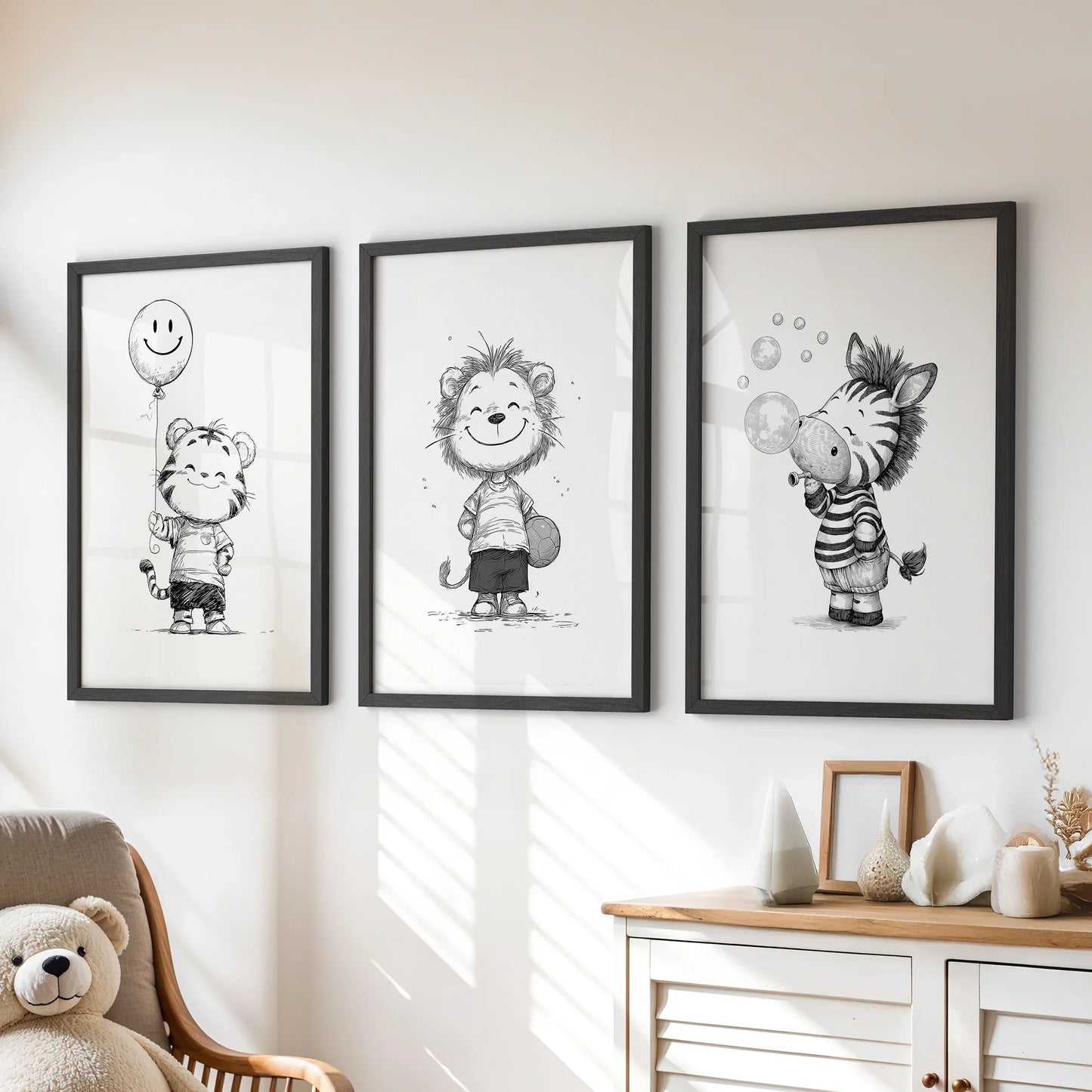 Black White Gender-Neutral Nursery Art Set. Lion Tiger Zebra