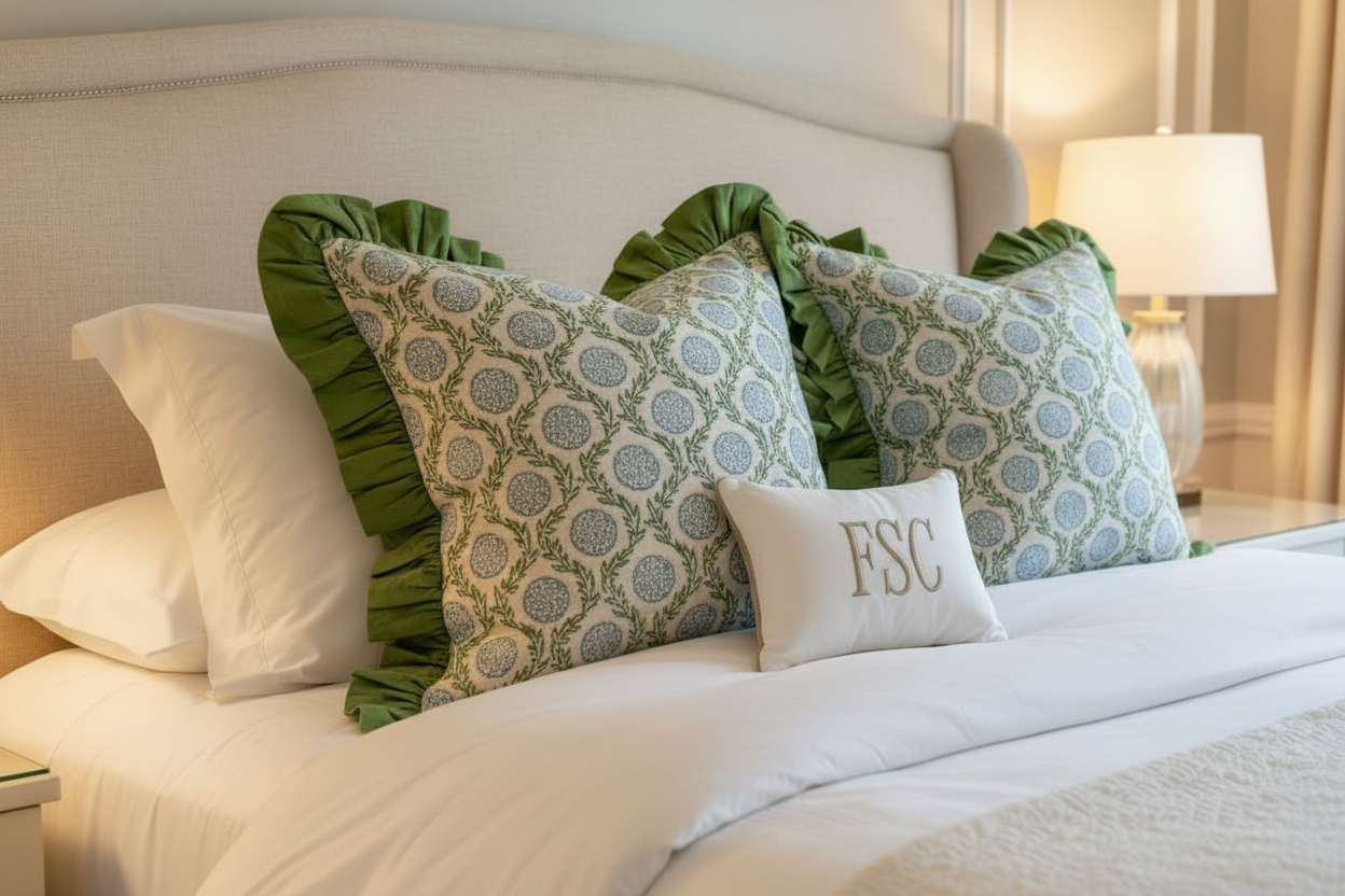 Blue Flowers and Vines - Ruffle Pillow Cover