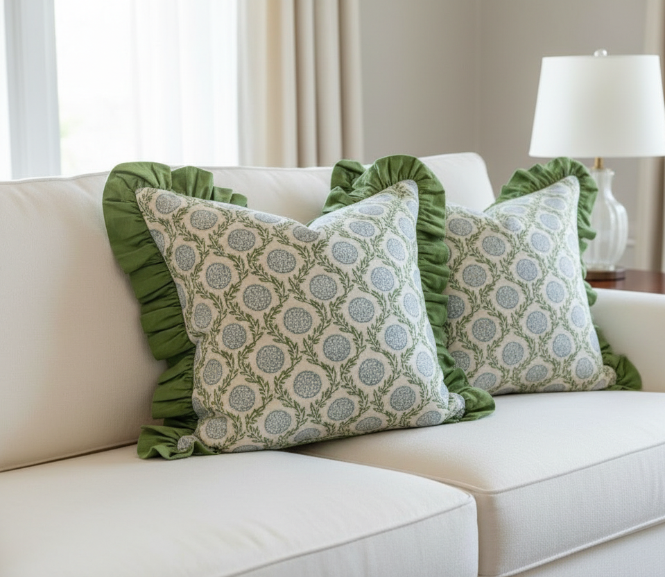 Blue Flowers and Vines - Ruffle Pillow Cover