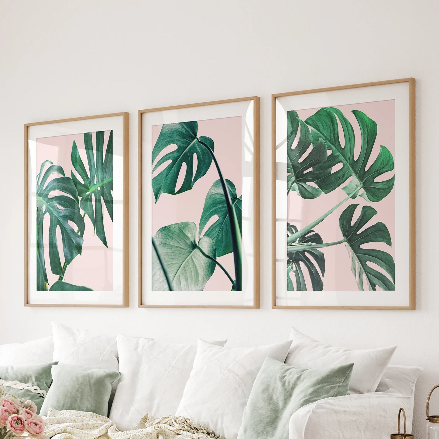 Pink Botanical 3 Piece Wall Art. Green Monstera Leaves Print