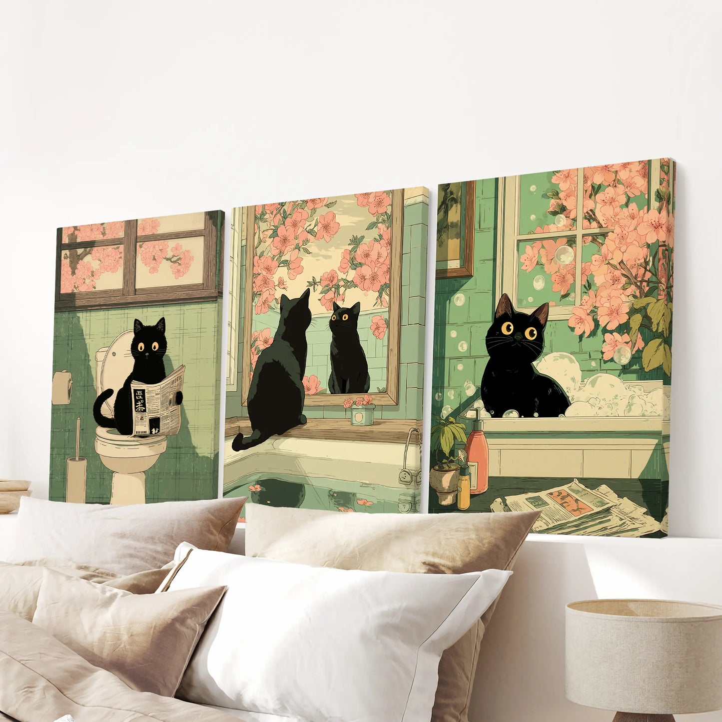 Funny Bathroom Poster. Japan Cat Pooping Wall Art Set of 3