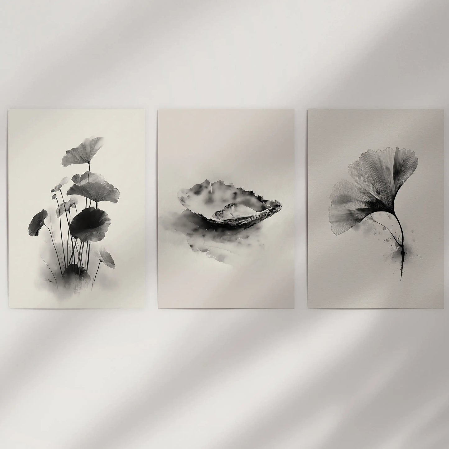 Minimalist Japanese Set of 3 Prints. Black and White Flowers Decor