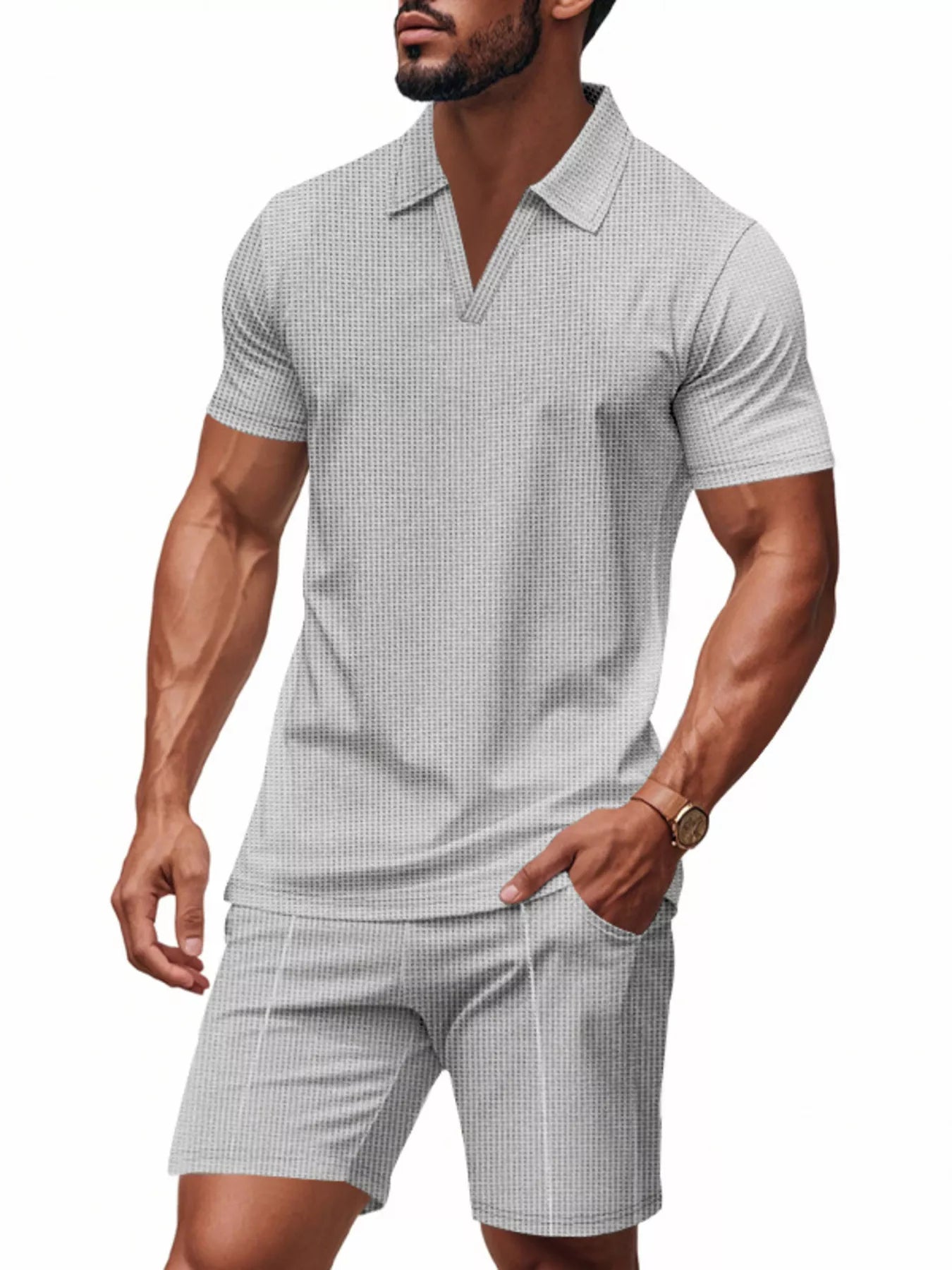 Men's Full Size Textured Short Sleeve Polo and Shorts Set Plus Size