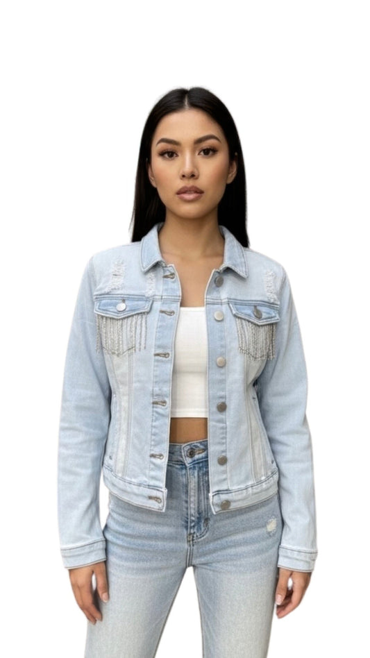 Distressed Jean Jacket With Rhinestone Fringe
