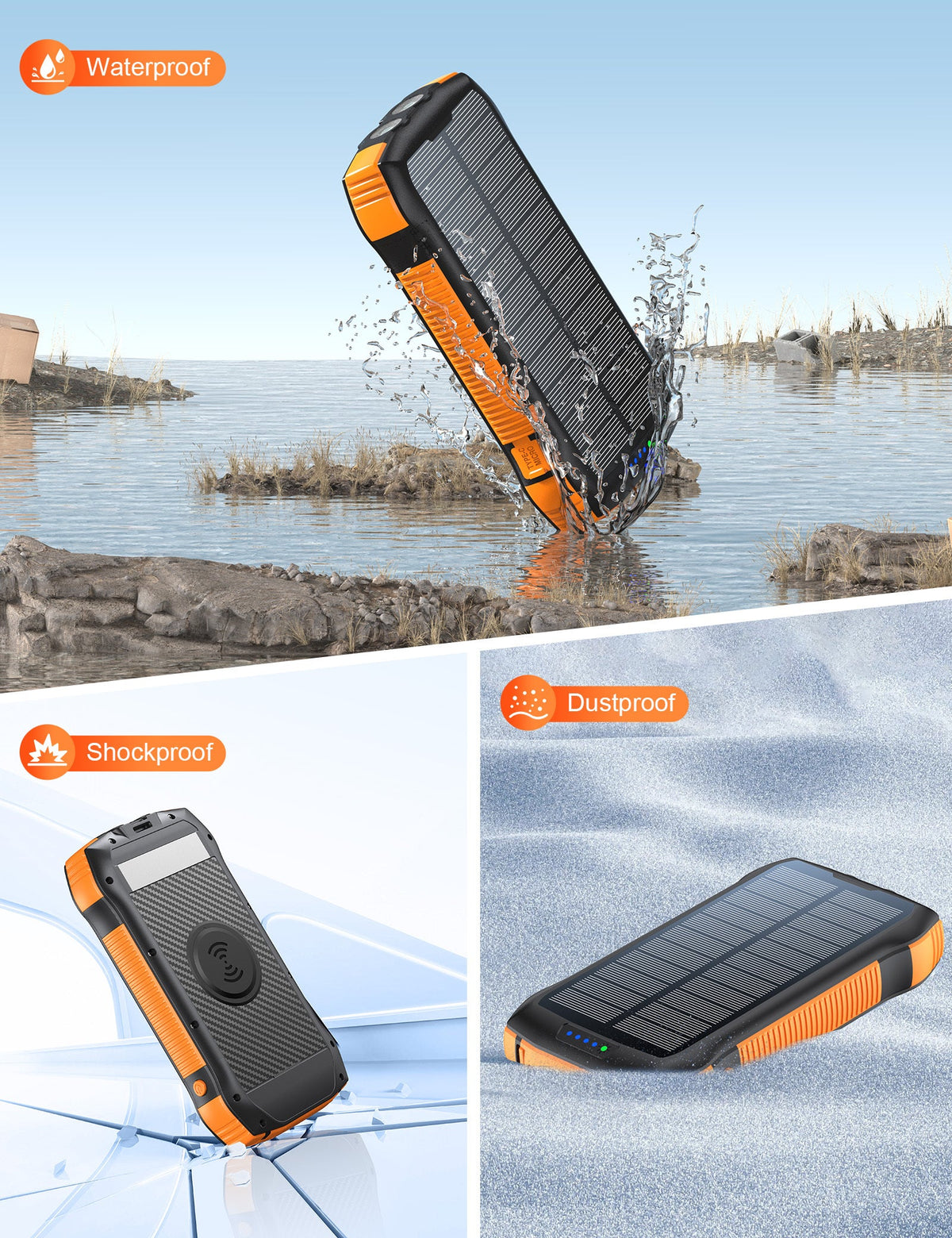 20000mAh Solar Power Bank – Wireless Charging, IP67, LED Flashlight