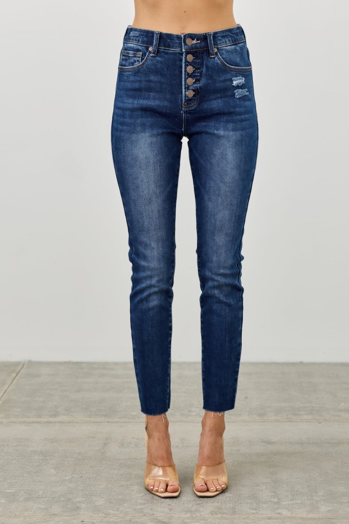 High Rise Ankle Skinny Jeans With Button Fly