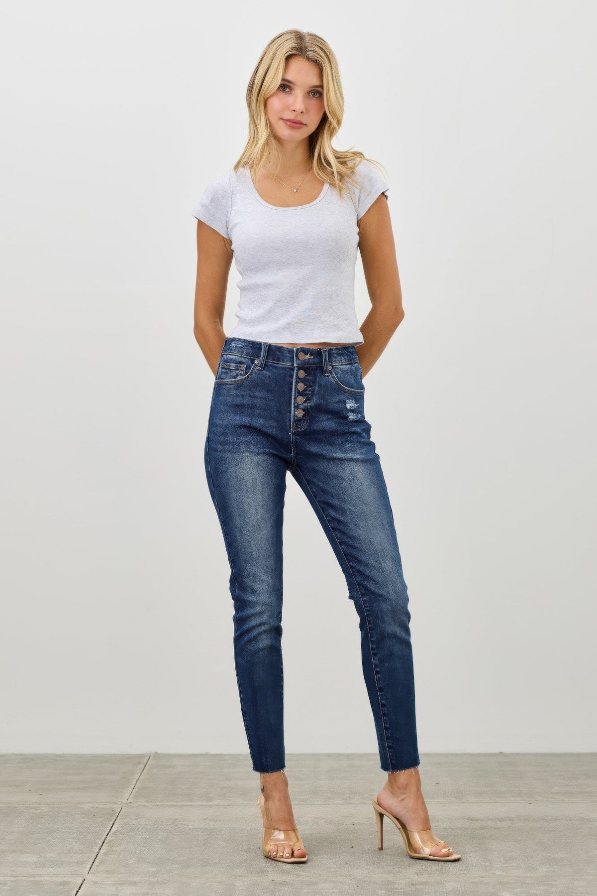 High Rise Ankle Skinny Jeans With Button Fly