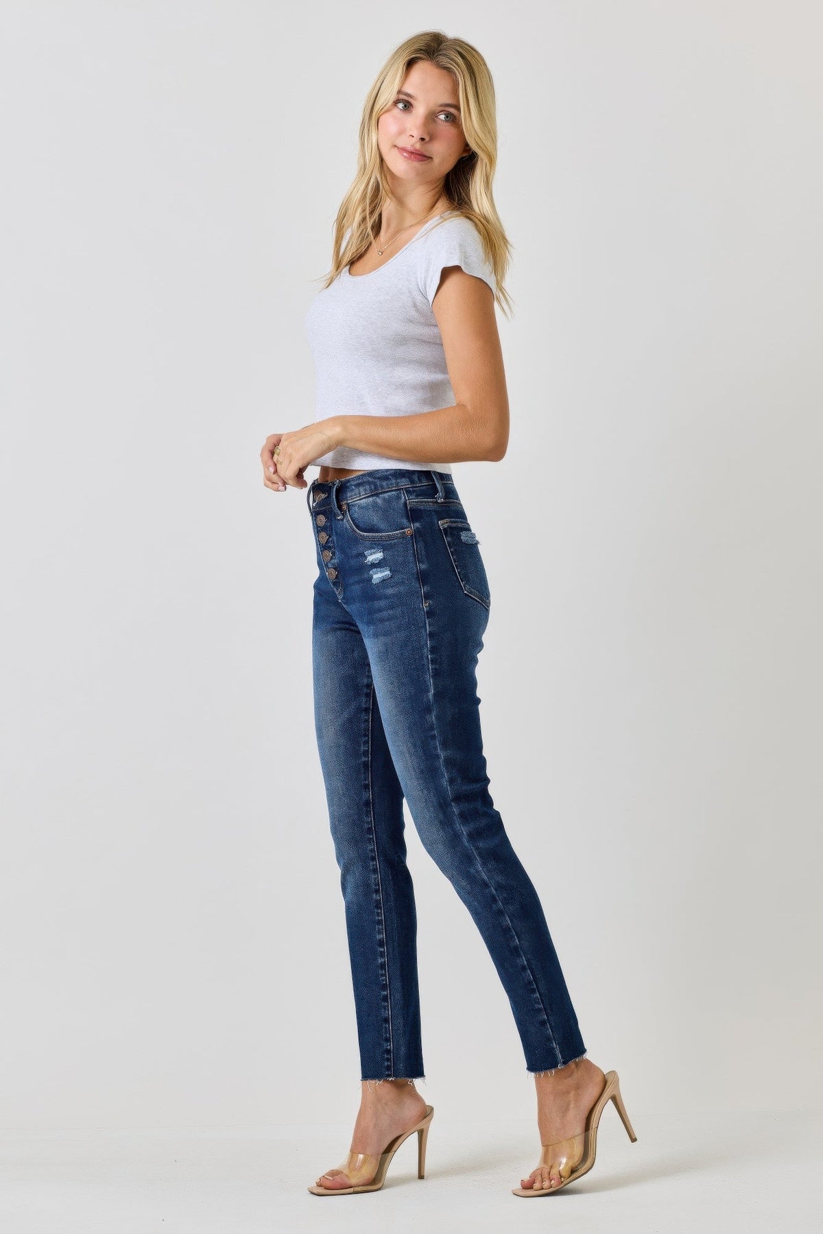 High Rise Ankle Skinny Jeans With Button Fly