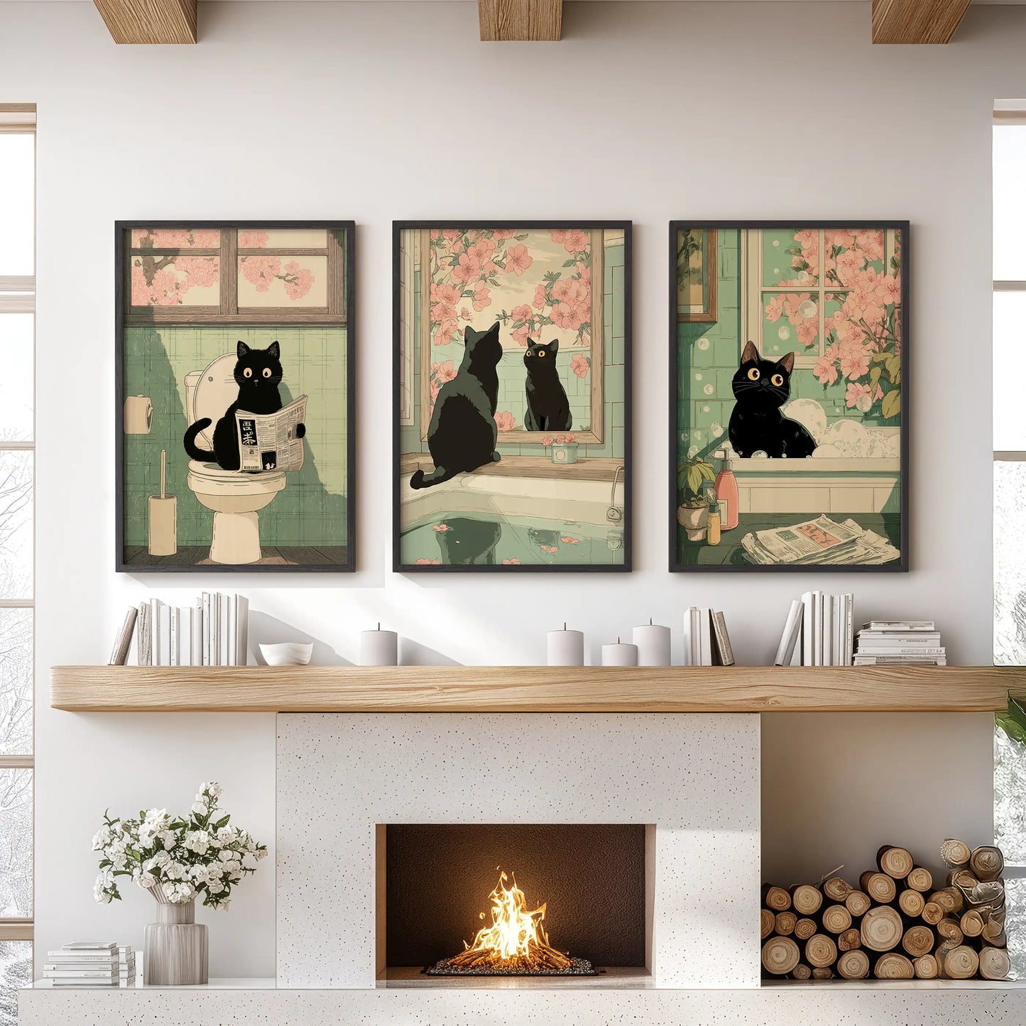 Funny Bathroom Poster. Japan Cat Pooping Wall Art Set of 3