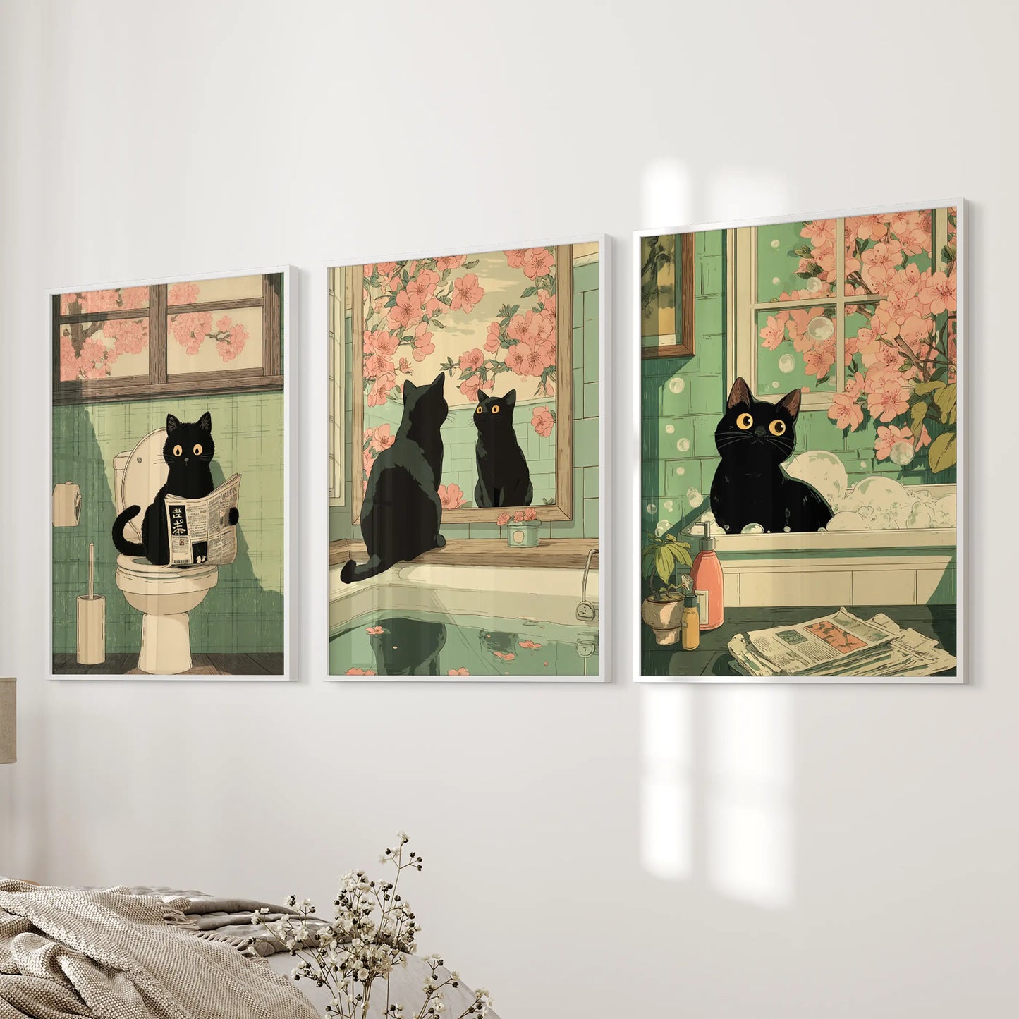 Funny Bathroom Poster. Japan Cat Pooping Wall Art Set of 3