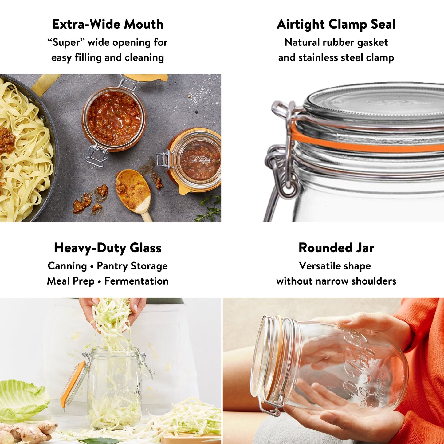 Le Parfait Super Jars, French Glass Canning Jars with Stainless Wire-Bail Clamp Lid