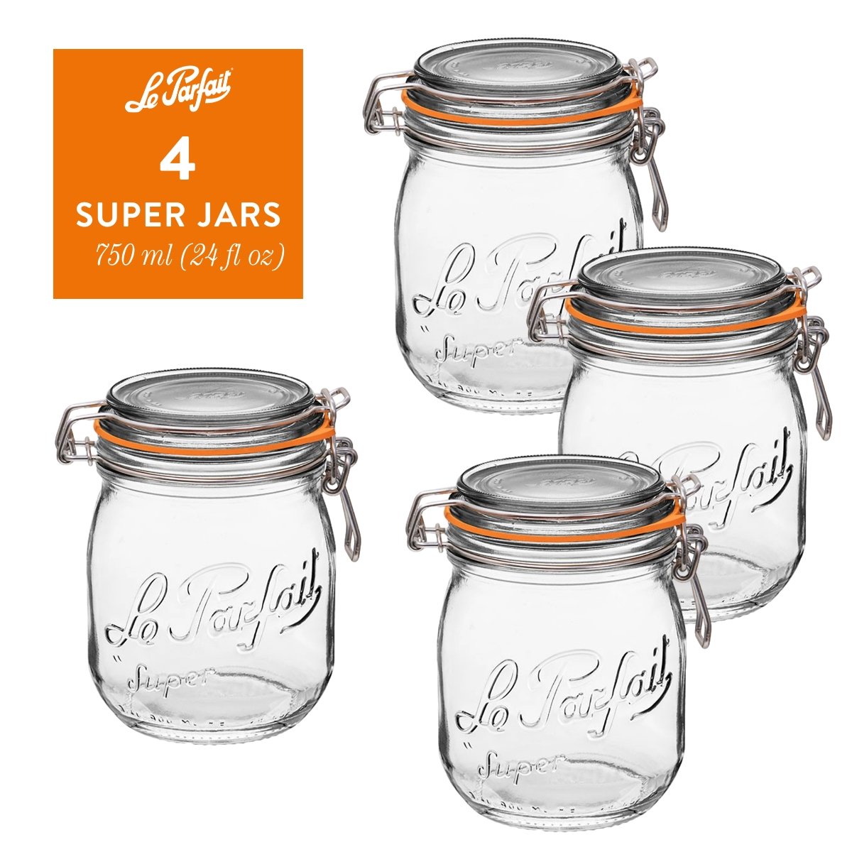 Le Parfait Super Jars, French Glass Canning Jars with Stainless Wire-Bail Clamp Lid