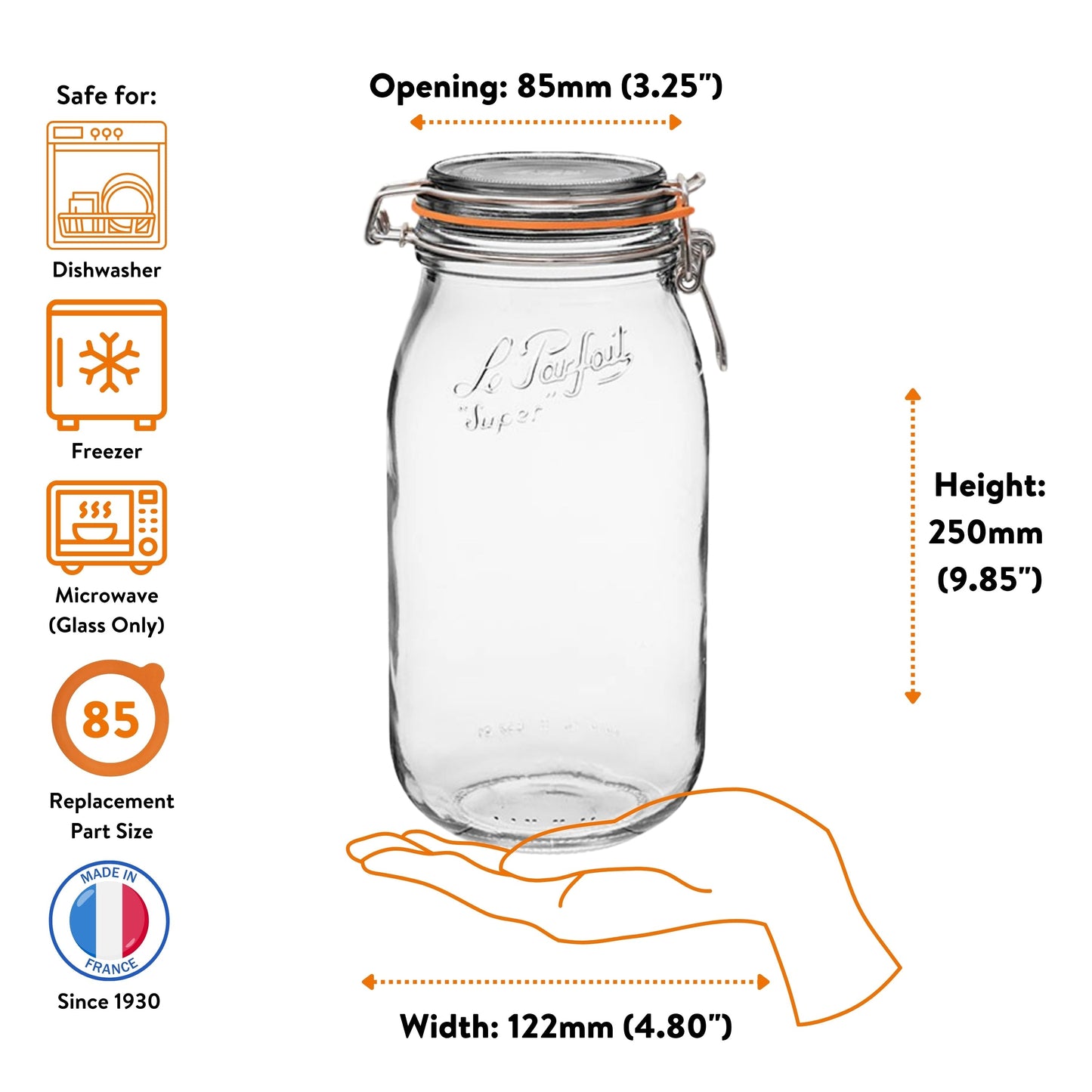 Le Parfait Super Jars, French Glass Canning Jars with Stainless Wire-Bail Clamp Lid