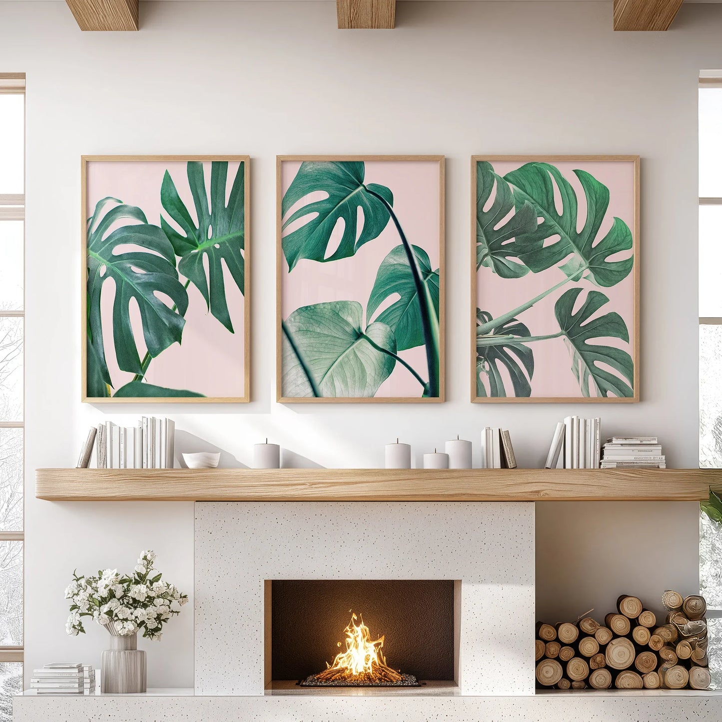 Pink Botanical 3 Piece Wall Art. Green Monstera Leaves Print