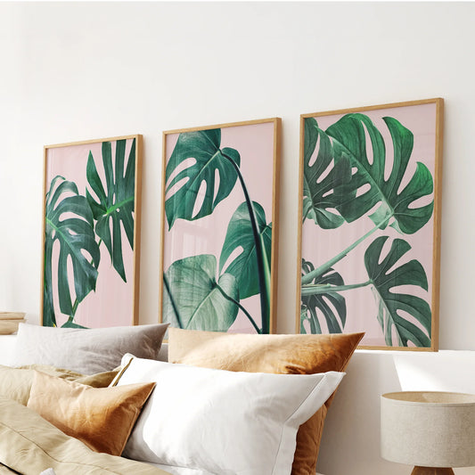 Pink Botanical 3 Piece Wall Art. Green Monstera Leaves Print