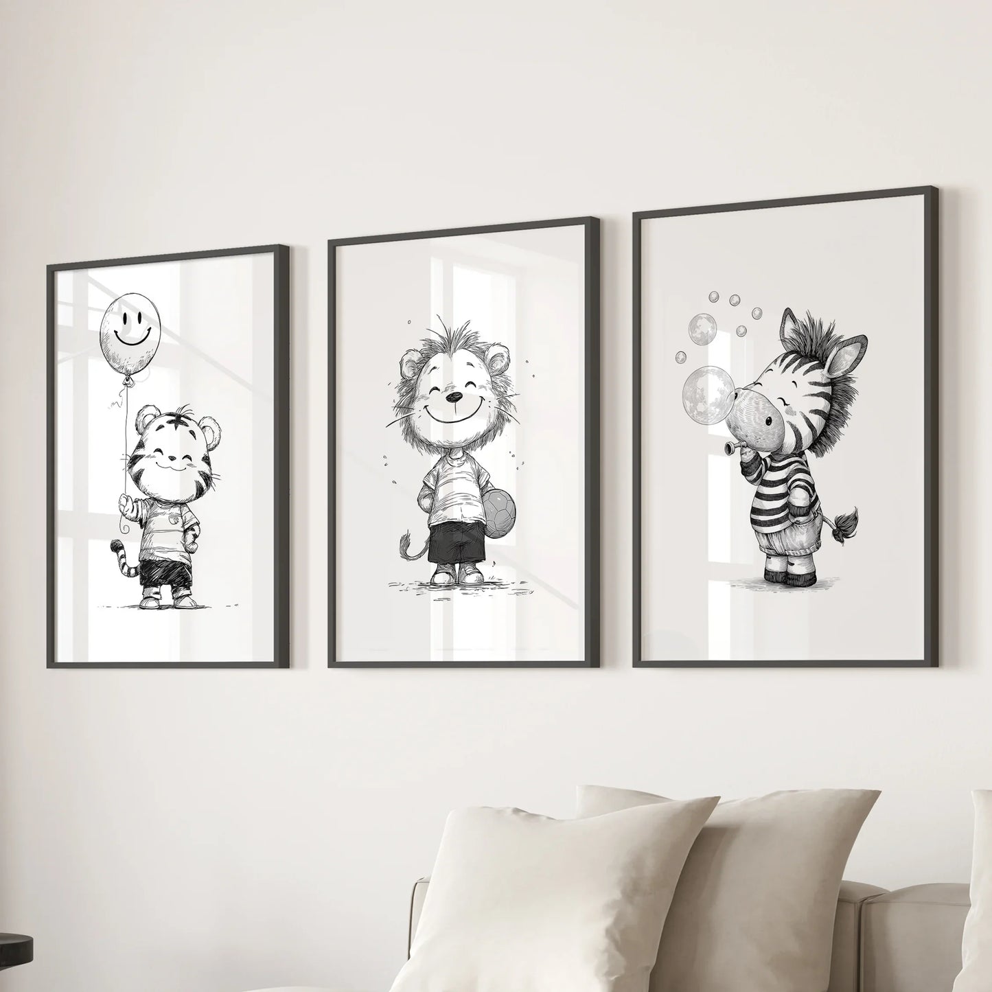 Black White Gender-Neutral Nursery Art Set. Lion Tiger Zebra