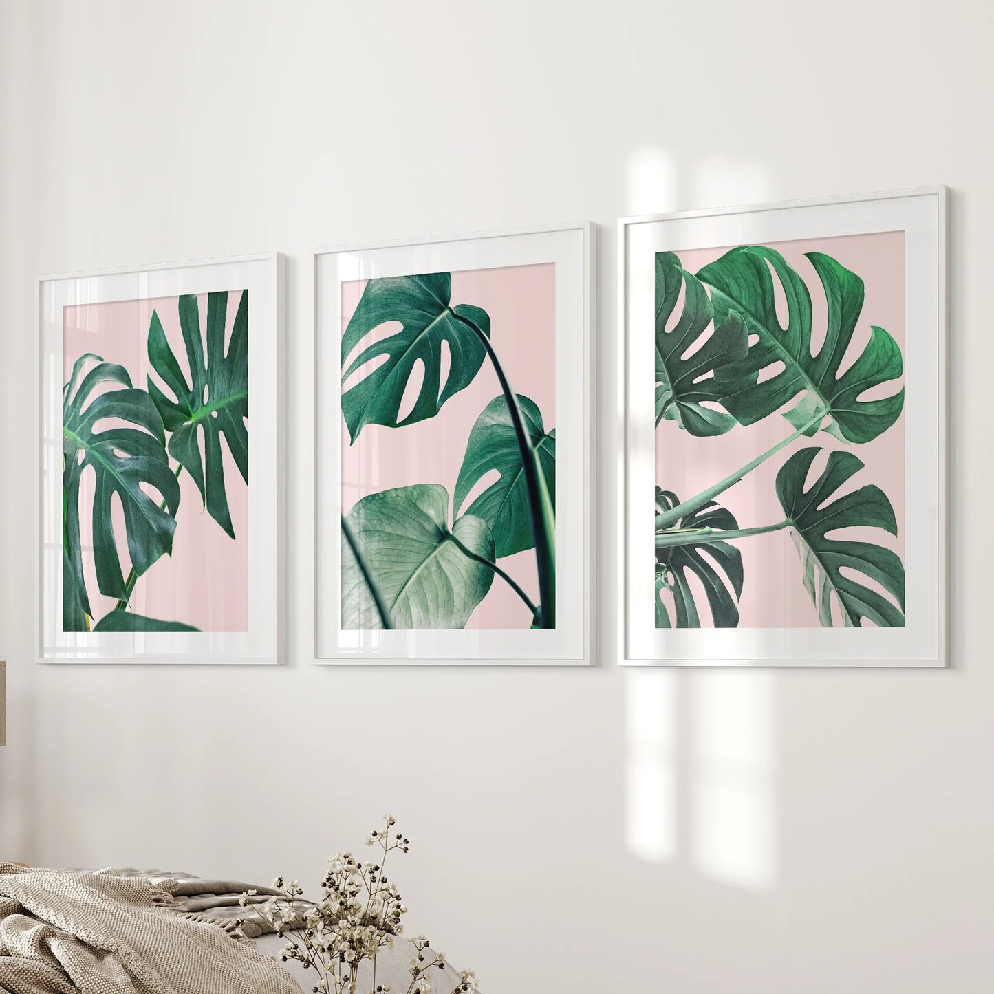 Pink Botanical 3 Piece Wall Art. Green Monstera Leaves Print