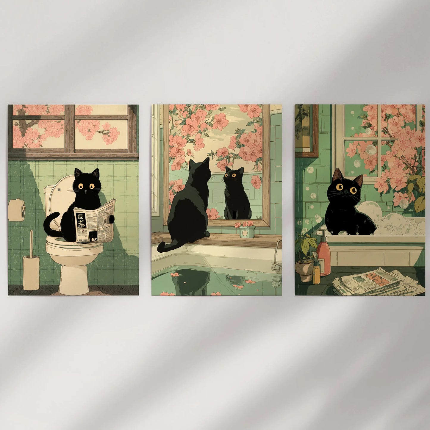 Funny Bathroom Poster. Japan Cat Pooping Wall Art Set of 3