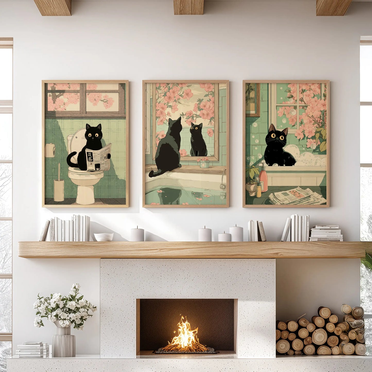 Funny Bathroom Poster. Japan Cat Pooping Wall Art Set of 3